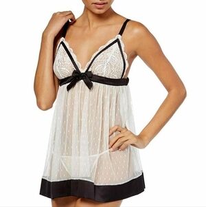 Linea Donatella M Womens Satin Trimmed Mesh Babydoll Lingerie Top Ivory& Black